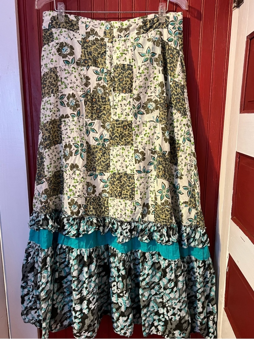 RAGA Anthropologie White Maxi Skirt with Teal Band and Brown Patchwork XL - Picture 6 of 11